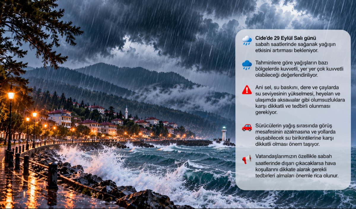 Cide’de sabah saatlerinde kuvvetli, yer yer çok kuvvetli sağanak yağış bekleniyor.