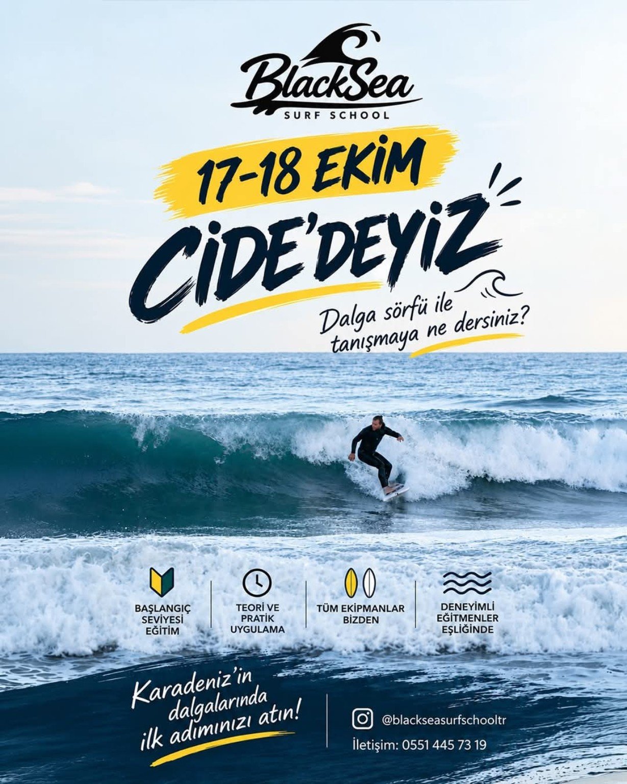 BlackSea Surf School Cide dalga s&ouml;rf&uuml; etkinliği afişi &mdash; 17&ndash;18 Ekim 2026