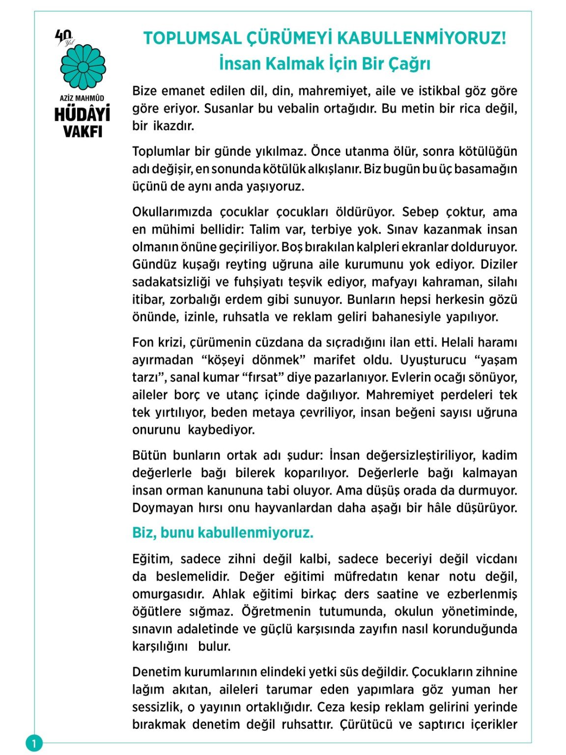 Aziz Mahmûd Hüdâyi Vakfı açıklaması birinci sayfa