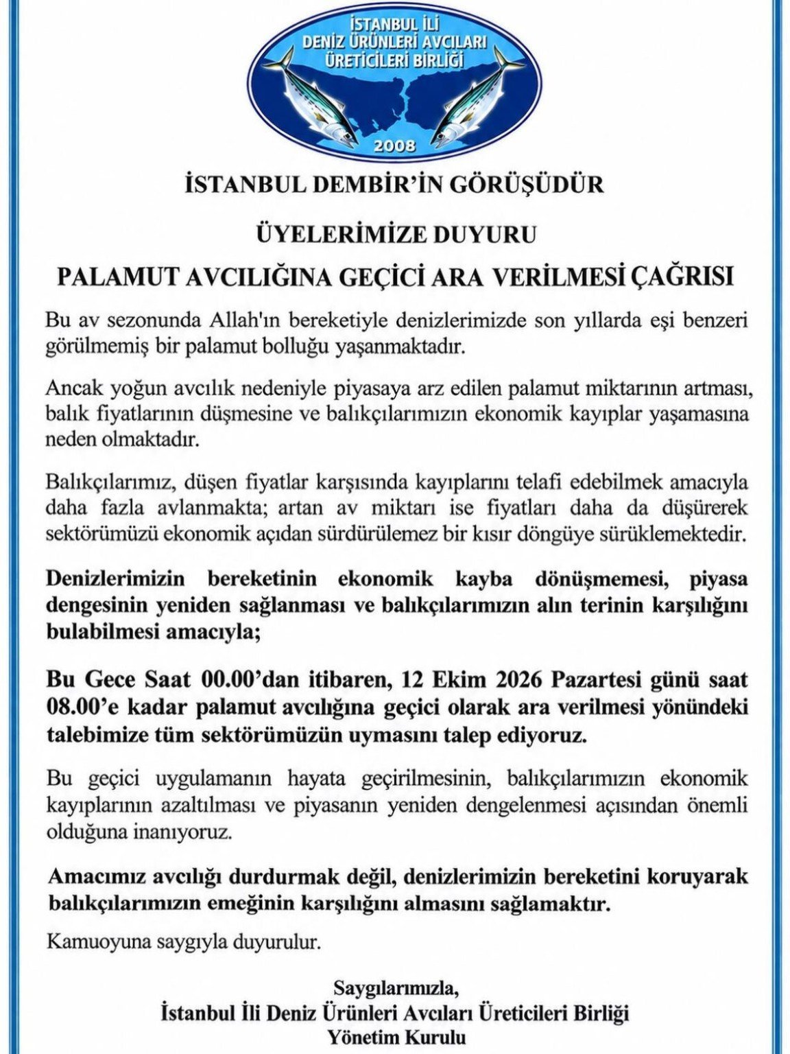 İstanbul DEMBİR palamut avcılığına geçici ara verilmesi çağrısının tam metni